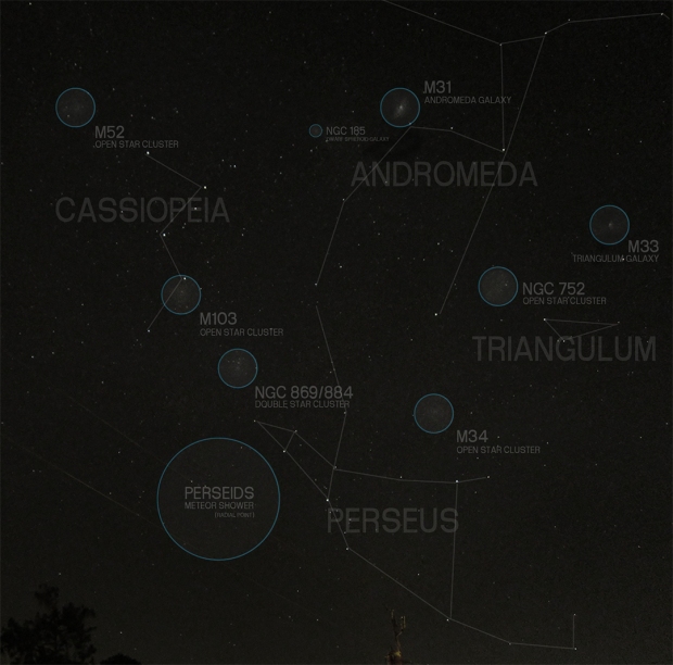 My photo: Marks where the Perseid shooting stars should radiate from & other points of interest